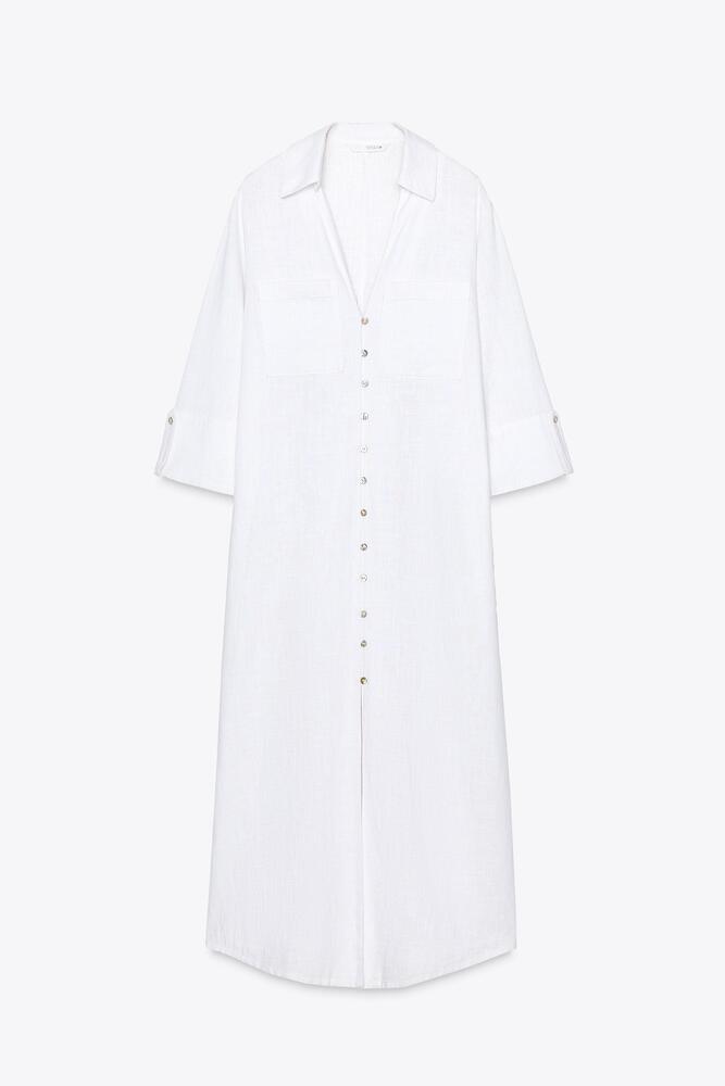 Zara LINEN SHIRT DRESS in White